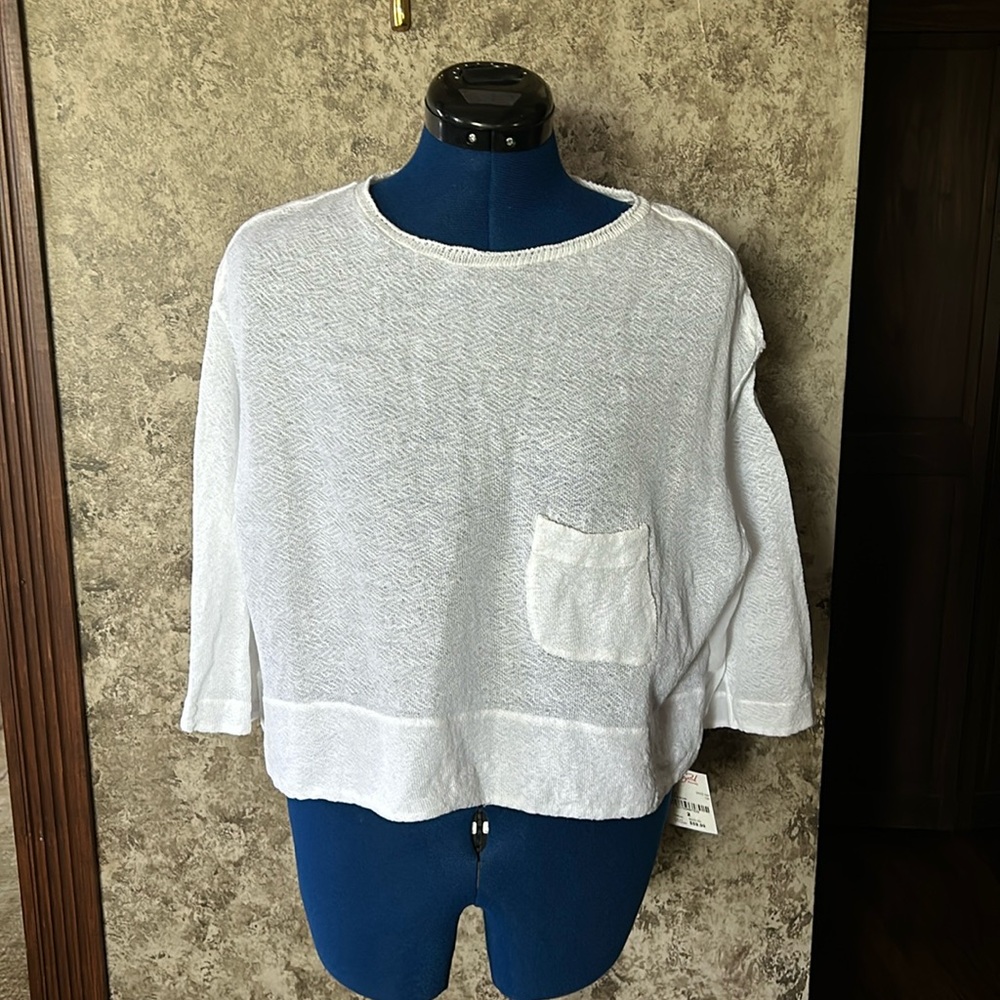 Women’s Transit White Sweater-Lightweight Crop-Small-3 Quarter Sleeve